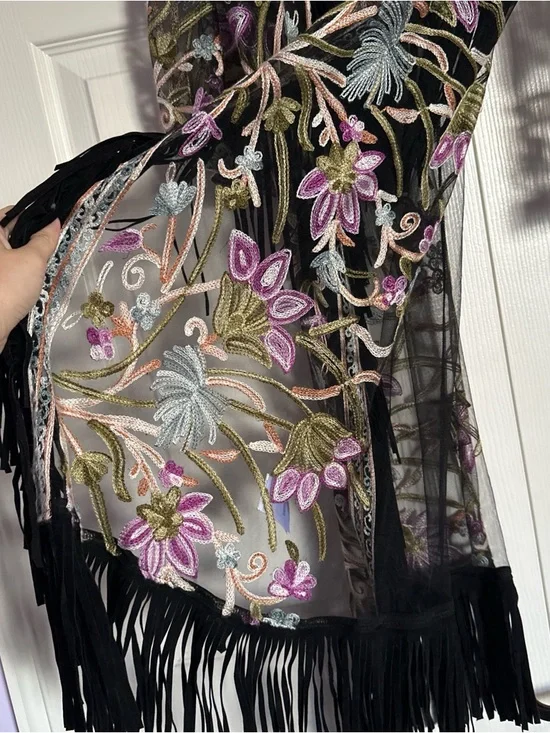 Embroidered Floral Fringe Jacket - Black & Lavender - Picture 2 of 2